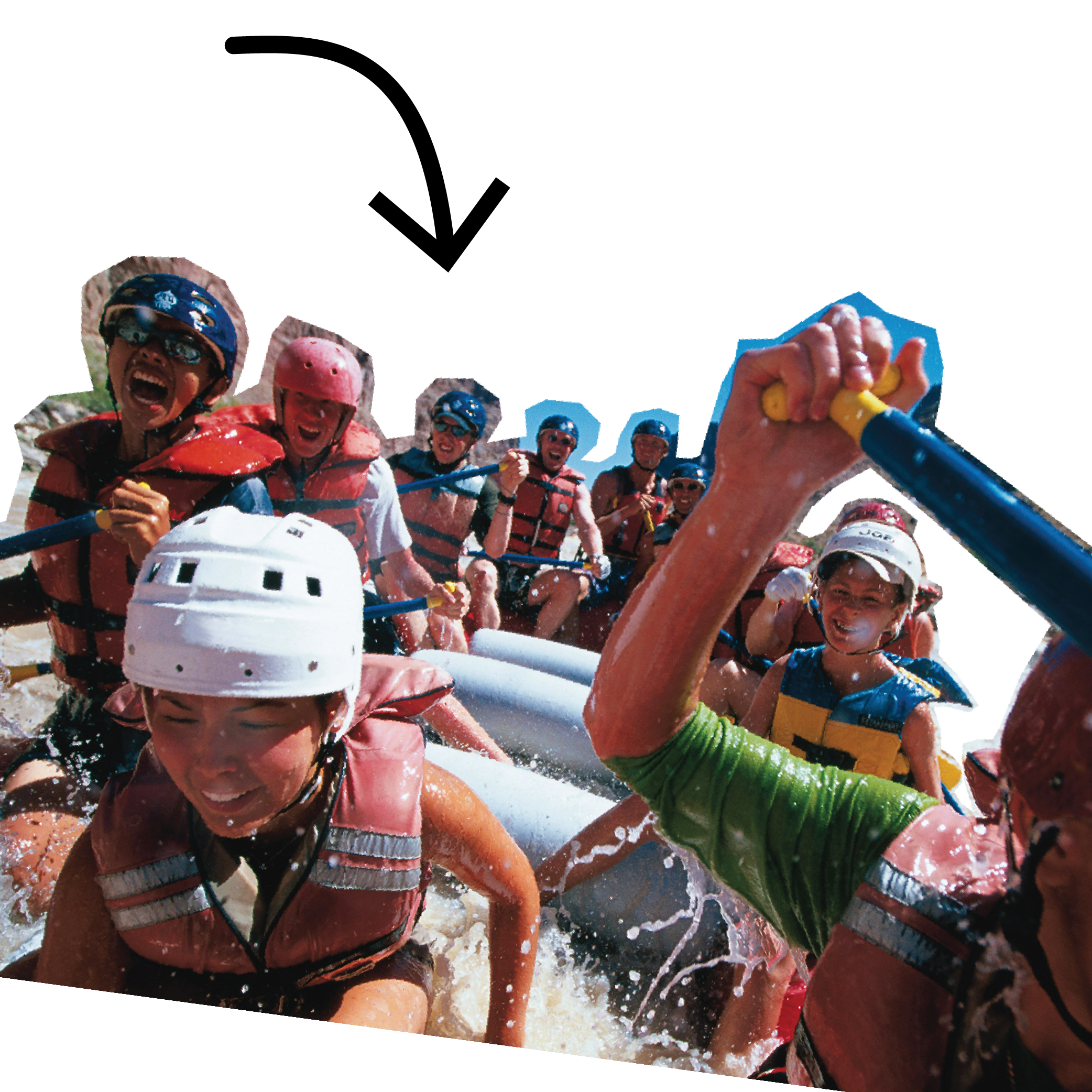 An arrow points to an image of a group of people white water rafting in Moab